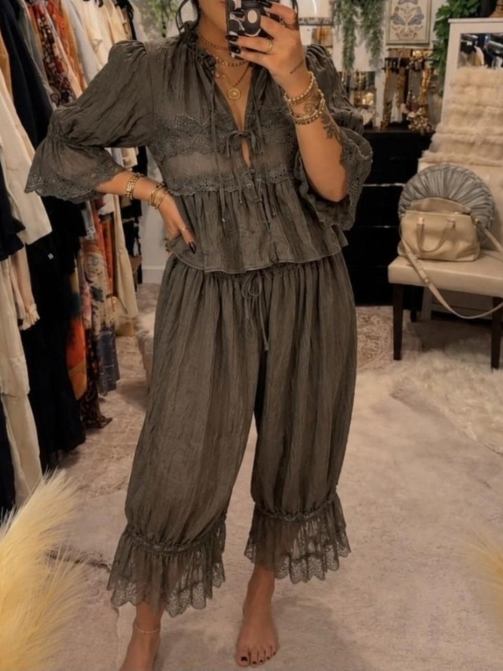 Women’s Olive Green Lace-Trim Wide Leg Pants